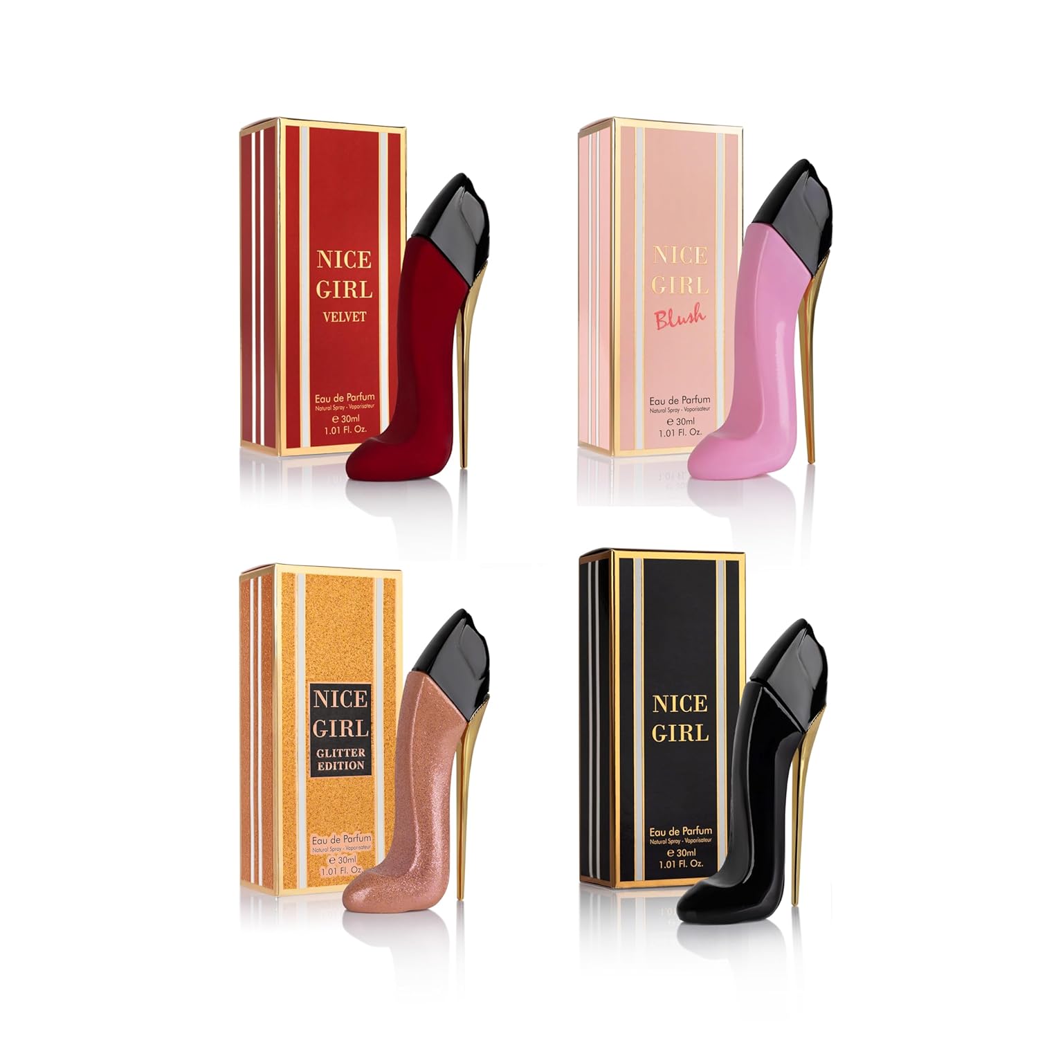 Nice Girl 4 PC Mini Perfume Gift Set for Women, Sweet Vanilla Floral Fragrance, Tuberose, Rose, Amber, Cacao, Powdery Almond, Travel Size 30Ml Eau De Parfum, Classic, Velvet, Glitter, & Blush